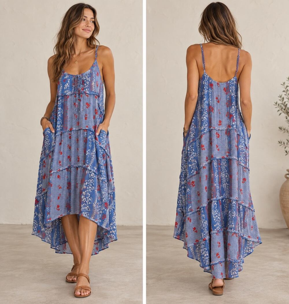 LoveStitch Blue Red Floral Patchwork Tiered Maxi Dress M Boho Cottagecore